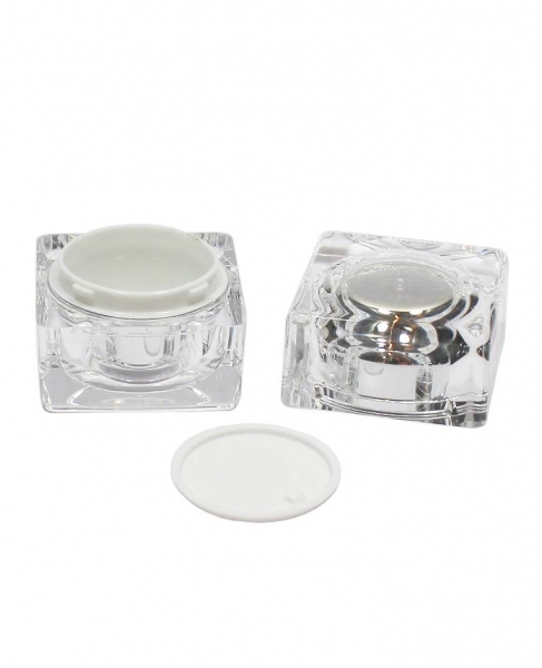 Luxus-Acryl-Cremedose transparent/silber 10g Würfel/quadratisch inkl. Abdichtscheibe